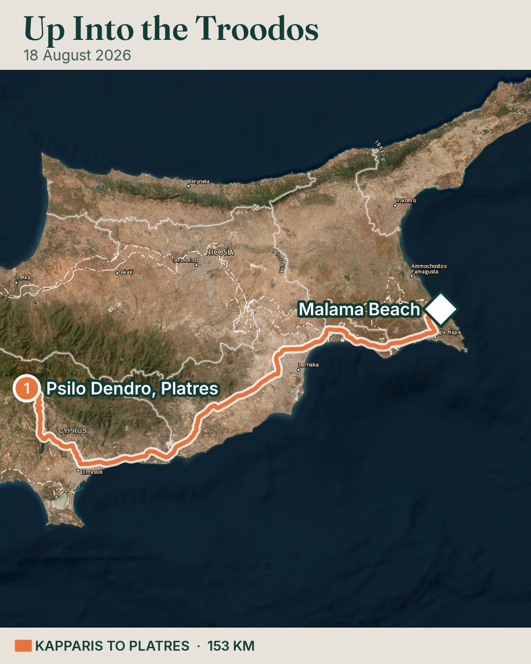 Route map of 18 August: one long orange leg from the coast up into the Troodos mountains