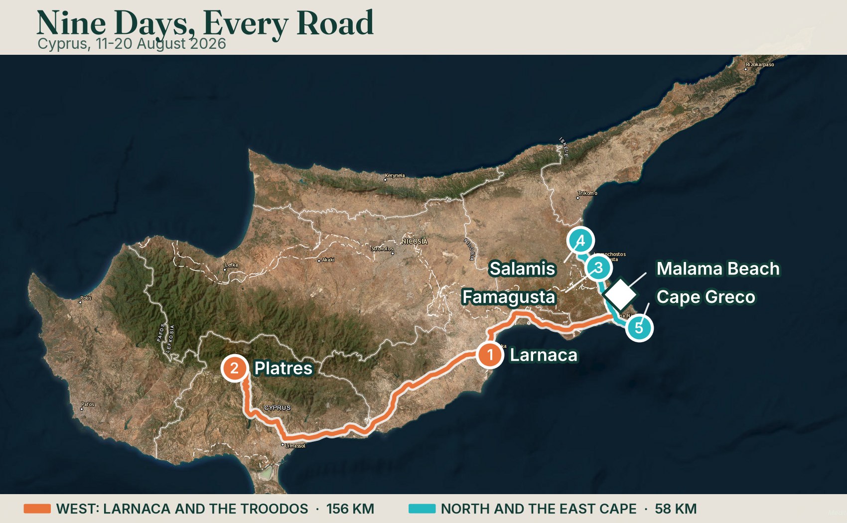 The whole of Cyprus with the three driving routes drawn on satellite imagery