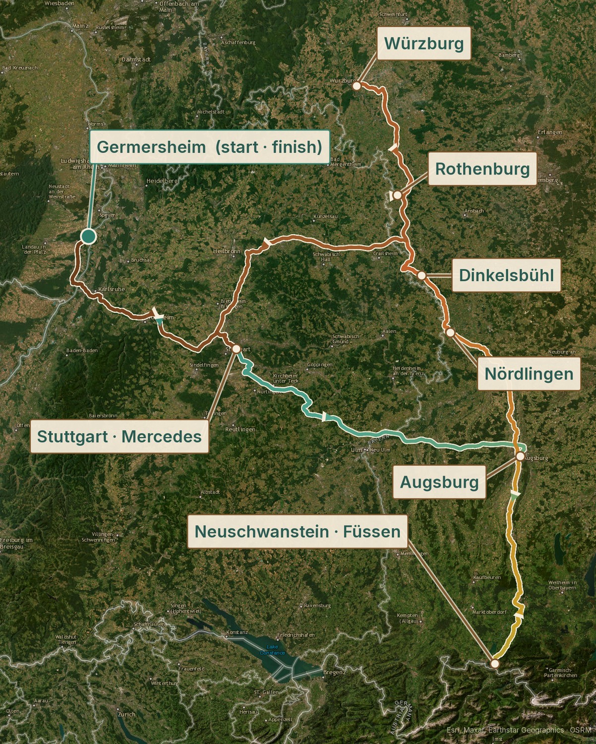 Germany’s Romantic Road through Bavaria, drawn from our photos: Würzburg, Rothenburg, Dinkelsbühl, Nördlingen, the castles at Neuschwanstein, down to Füssen