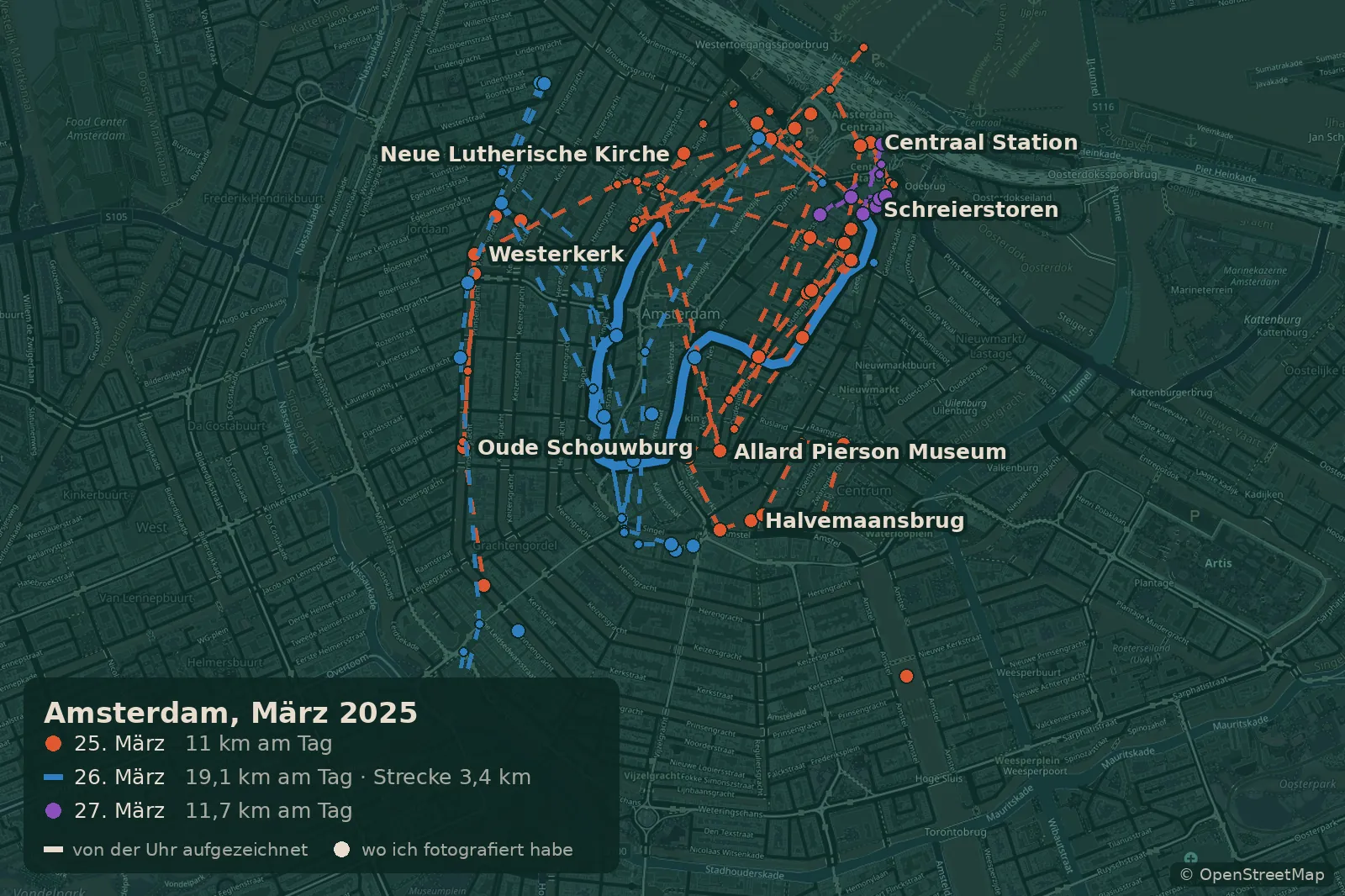 Karte meiner Spaziergänge in Amsterdam, 25.-27. März 2025, mit der von der Uhr aufgezeichneten Strecke