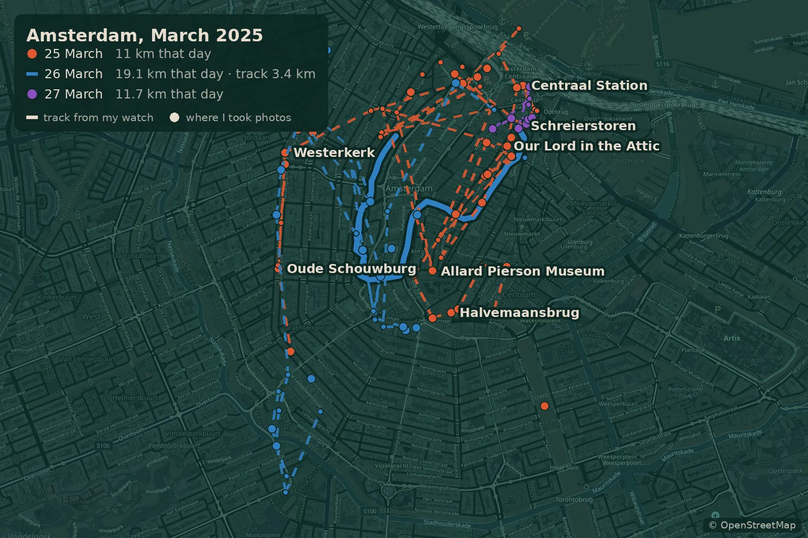 Map of my walks in Amsterdam on 25-27 March 2025, with the watch track