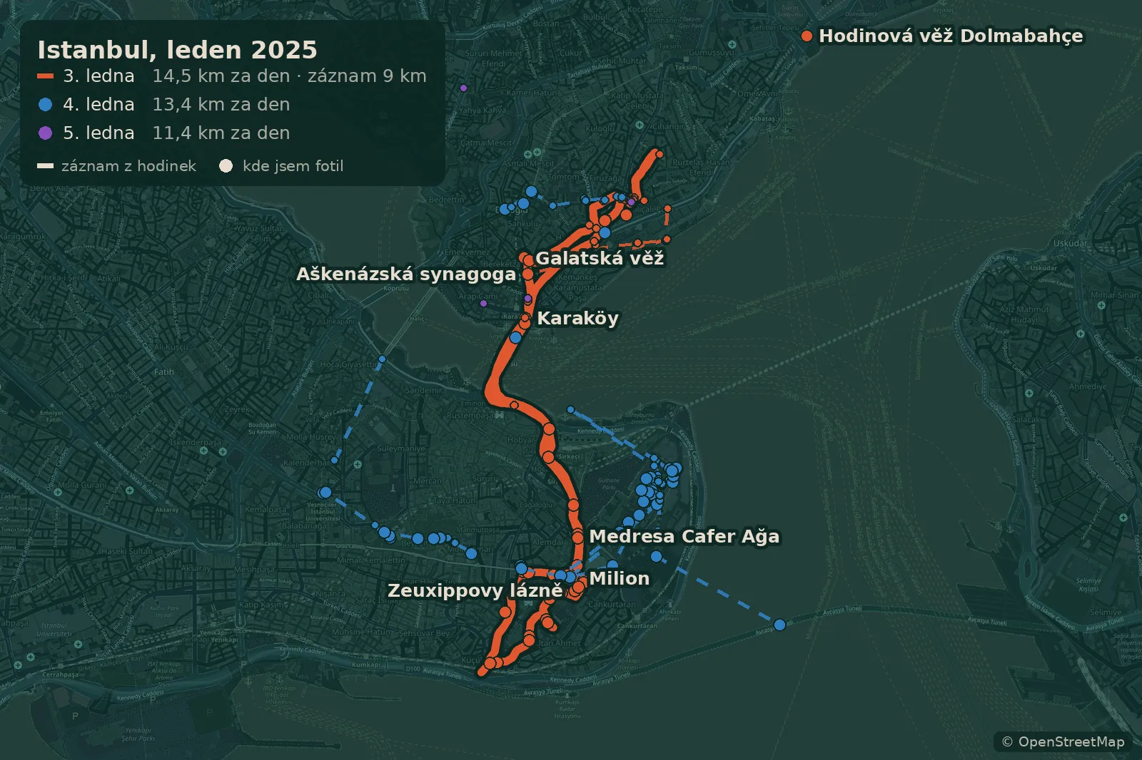 Mapa procházek po Istanbulu 3.-5. ledna 2025 se záznamem z hodinek