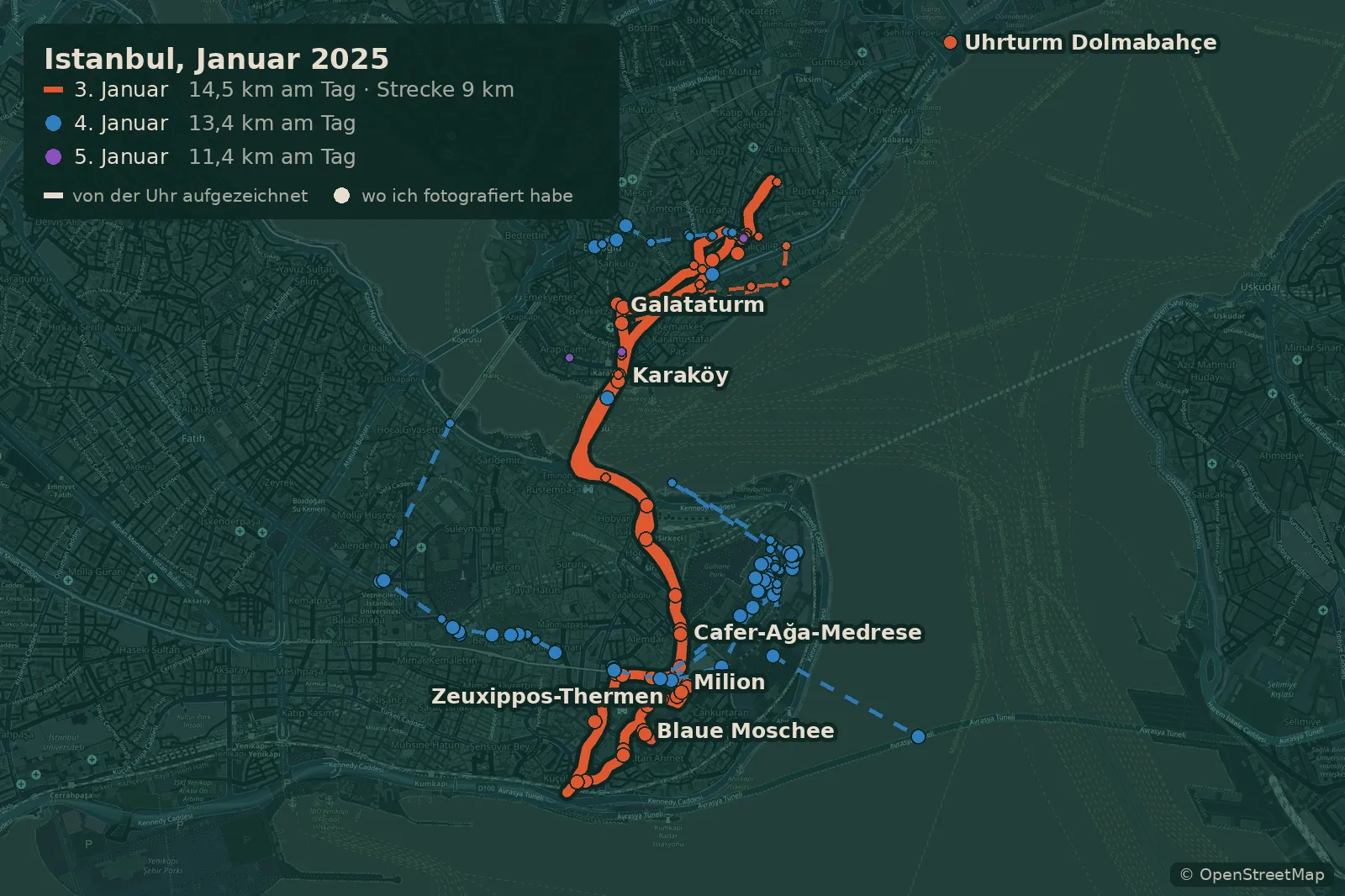 Karte meiner Spaziergänge in Istanbul, 3.-5. Januar 2025, mit der von der Uhr aufgezeichneten Strecke