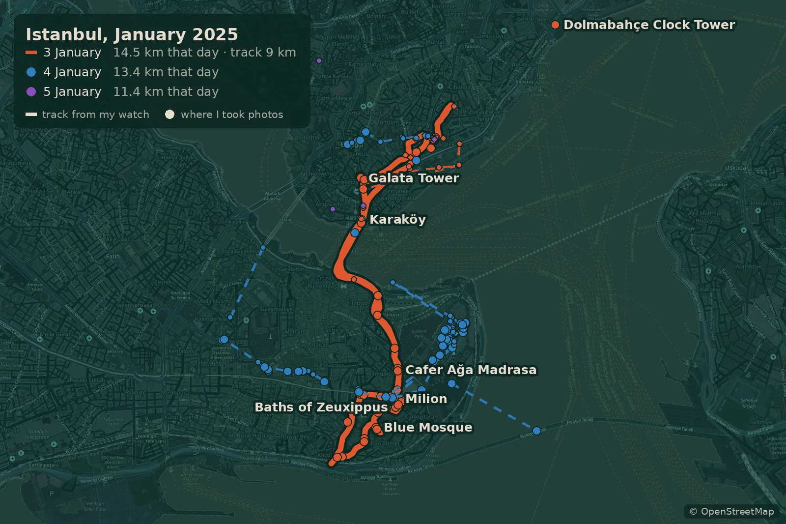 Map of my walks in Istanbul on 3-5 January 2025, with the watch track