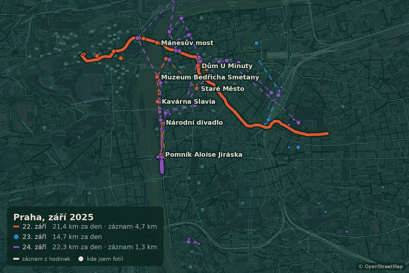 Mapa procházek po Praze 22.-24. září 2025 se záznamem z hodinek