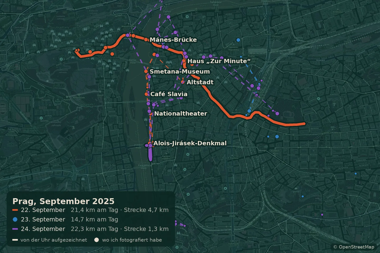 Karte meiner Spaziergänge in Prag, 22.-24. September 2025, mit der von der Uhr aufgezeichneten Strecke