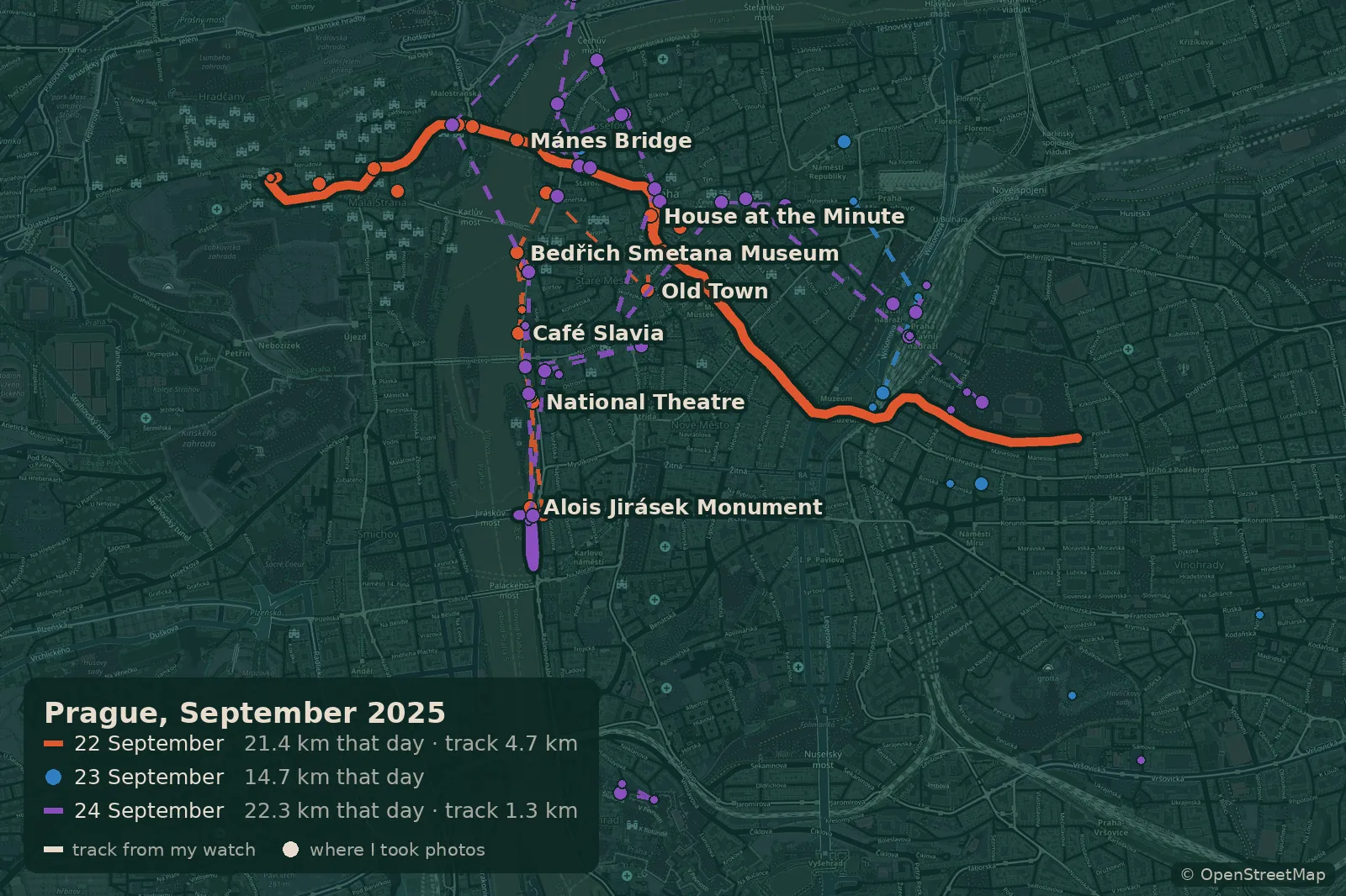 Map of my walks in Prague on 22-24 September 2025, with the watch track